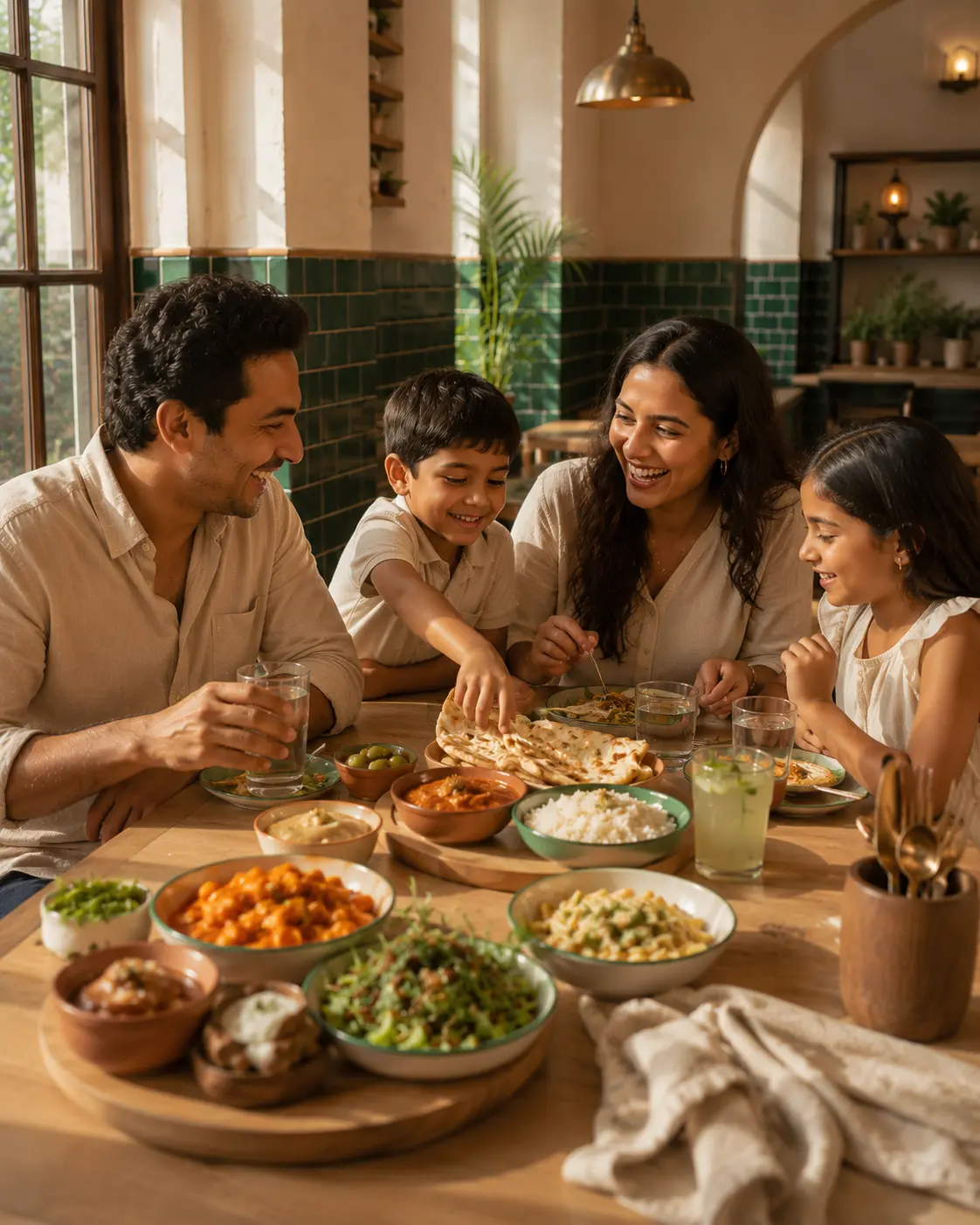 A family of four sharing a platter, a child reaching across for a piece of naan