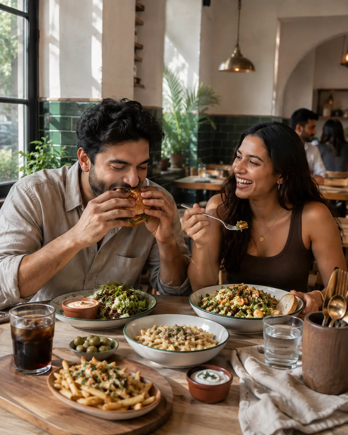 Two guests at a corner table, one mid-bite into a burger, the other laughing with a fork paused halfway up