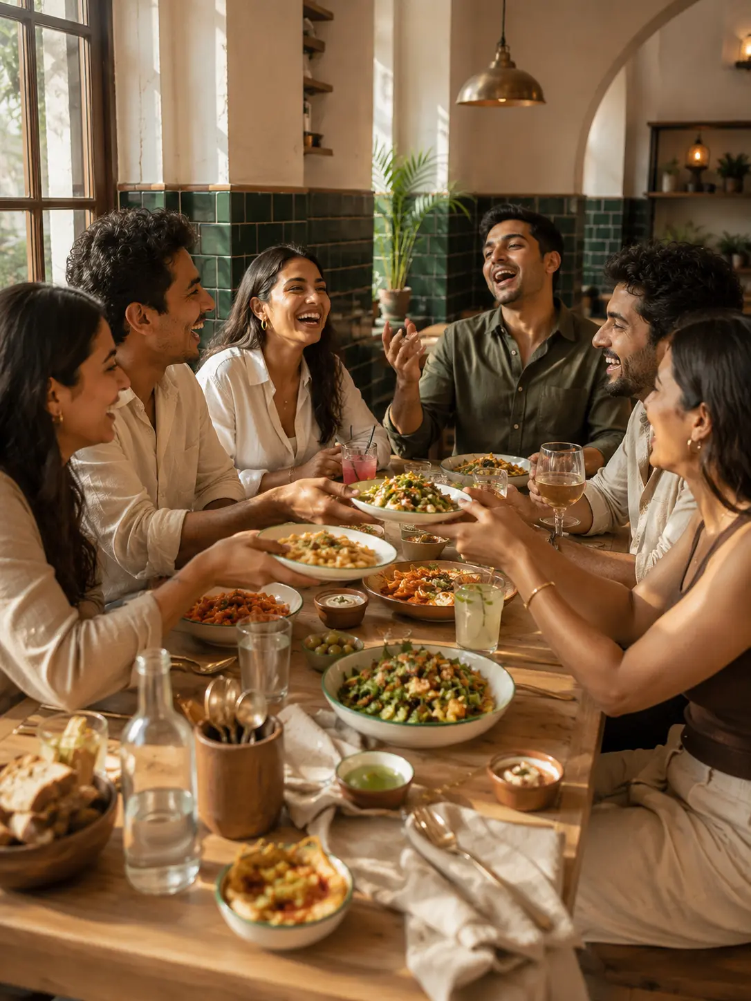 Six friends mid-laugh over a shared spread, plates passing between them and glasses half raised