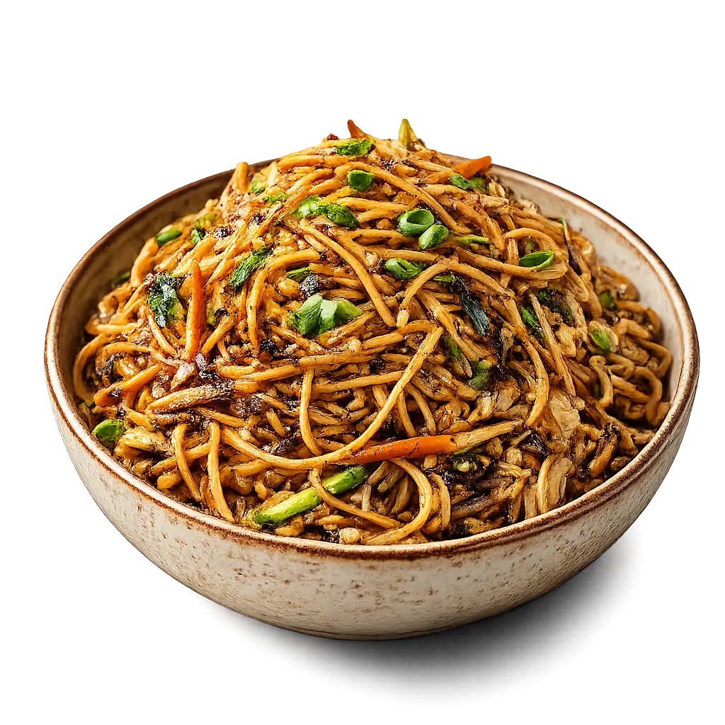 Hakka noodles tossed with julienned carrot, cabbage and spring onion, piled high in a stoneware bowl