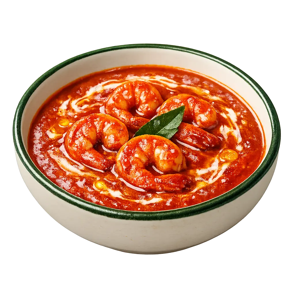 Prawns in a thick tomato-butter curry swirled with cream, in a green-rimmed stoneware bowl