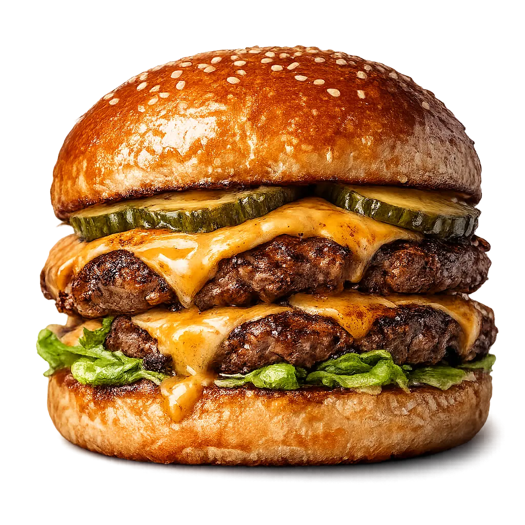 A double smash burger — two charred patties, melted cheddar, pickles and lettuce in a glossy brioche bun