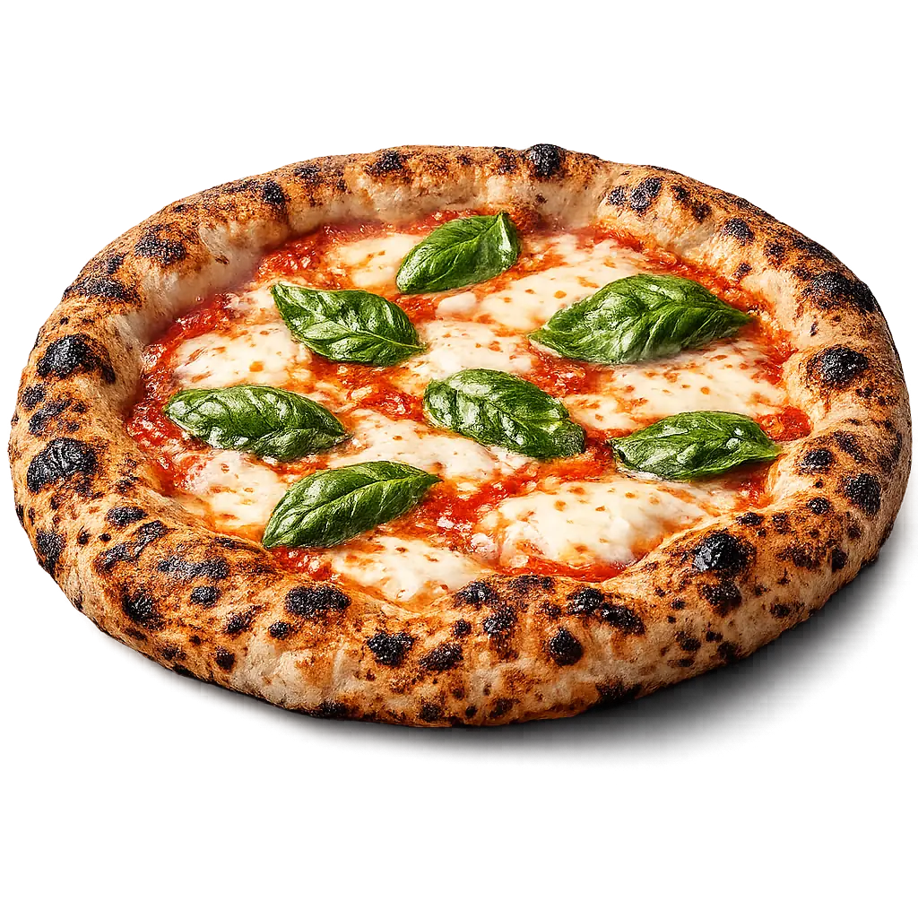 A whole margherita pizza with a leopard-charred puffed crust, melted mozzarella and fresh basil