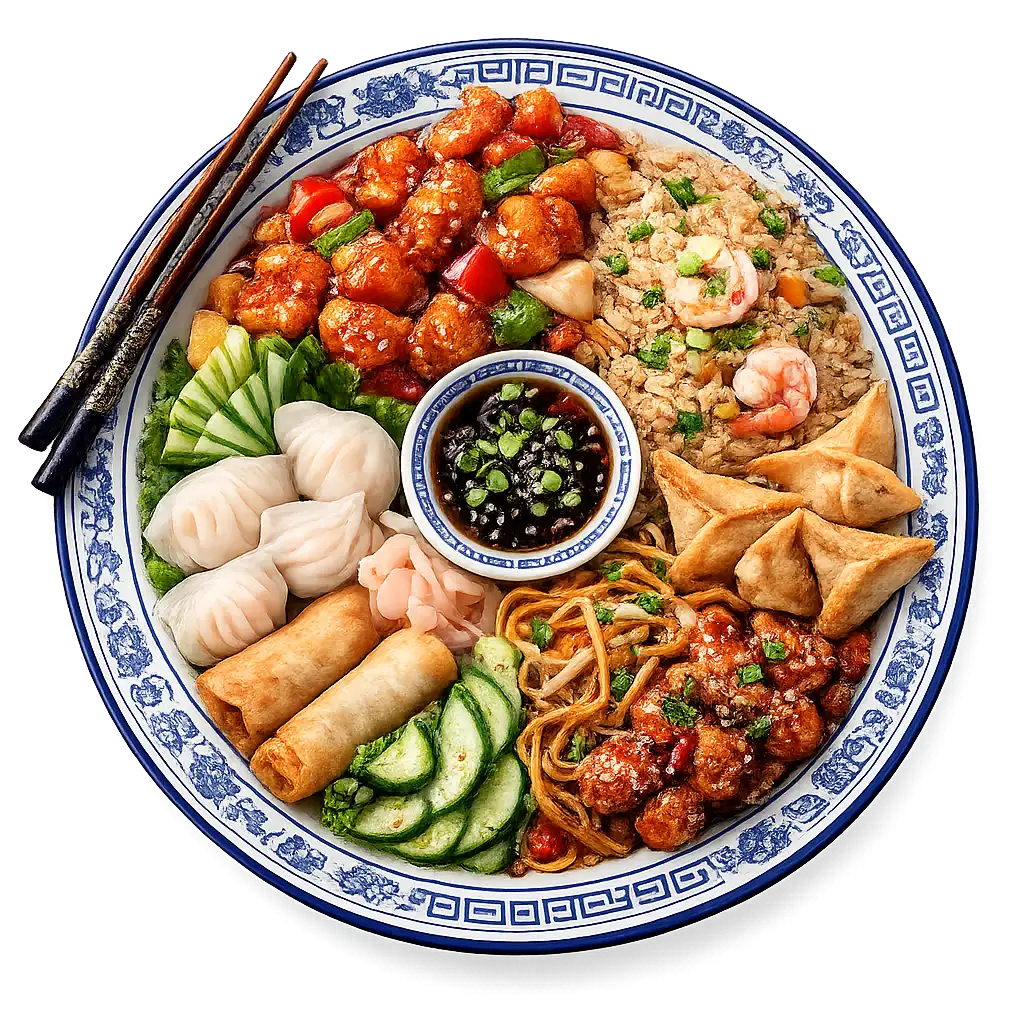 A Chinese platter of dumplings, spring rolls, fried rice, noodles and chilli chicken