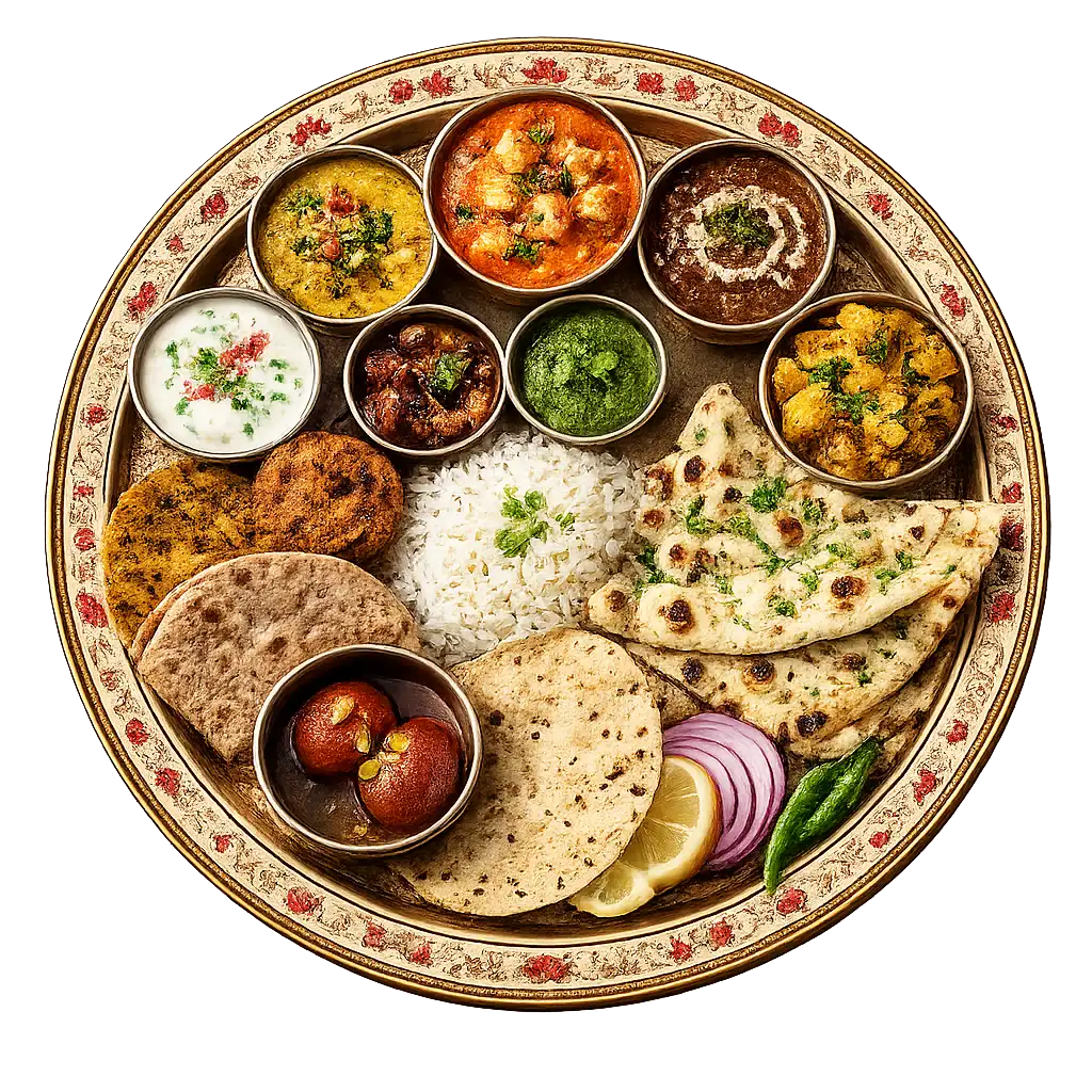 An Indian thali of dal, paneer curry, sabzi, raita, rice, breads and gulab jamun