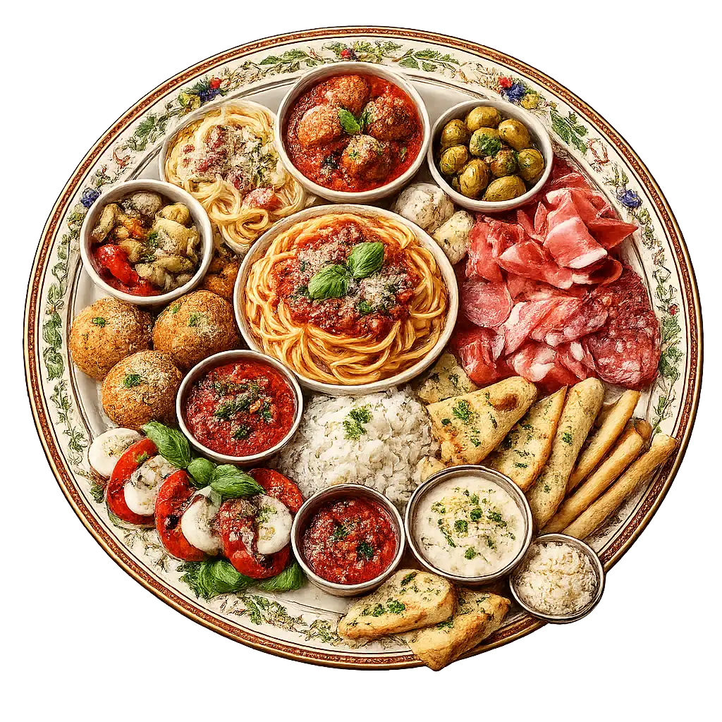 An Italian platter of spaghetti, meatballs, arancini, cured meats and garlic bread