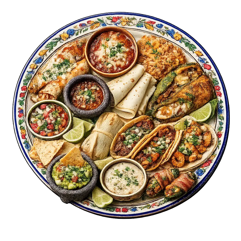 A Mexican platter of tacos, tamales, chiles rellenos, guacamole and salsas